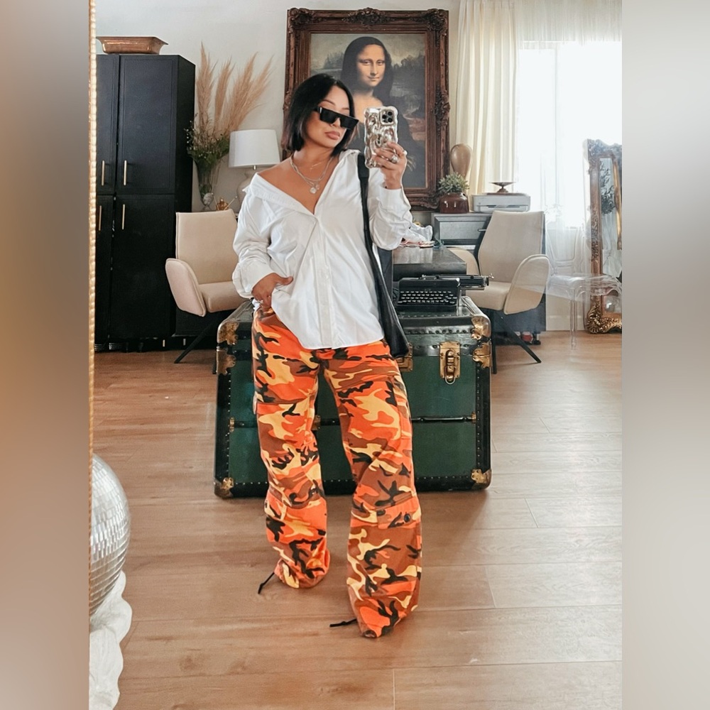 RothCo. Orange Camo Pants • drawstring waist, XS but can fit up to medium.